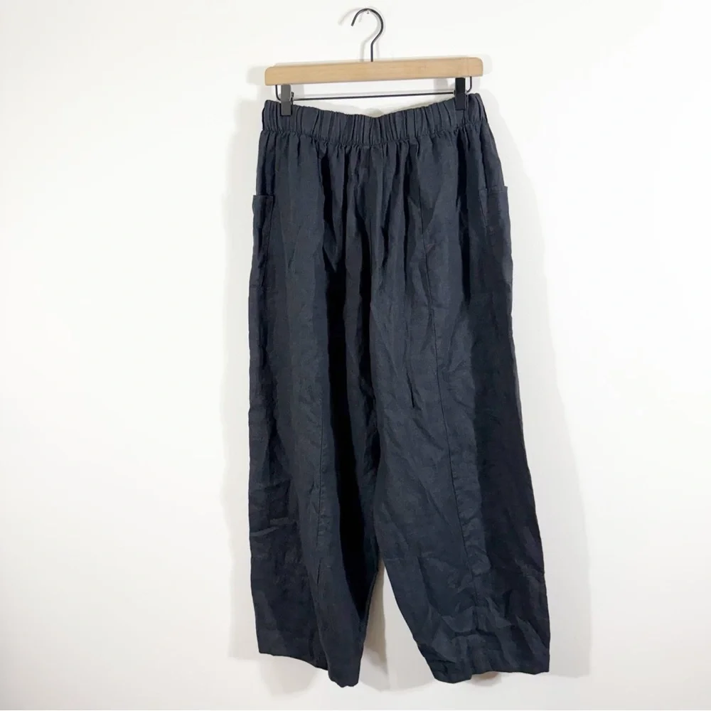 FLAX 100% Linen Wide Leg Pants Black Large - Picture 3 of 6